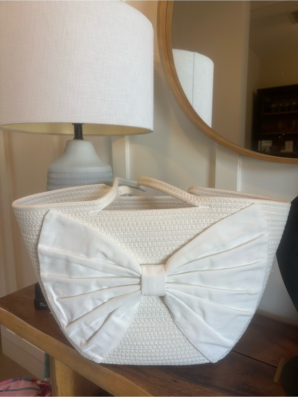 White Bow Beach Tote Bag | Large Woven Rope Tote | Coastal Summer Vacation Bag - Picture 5 of 8